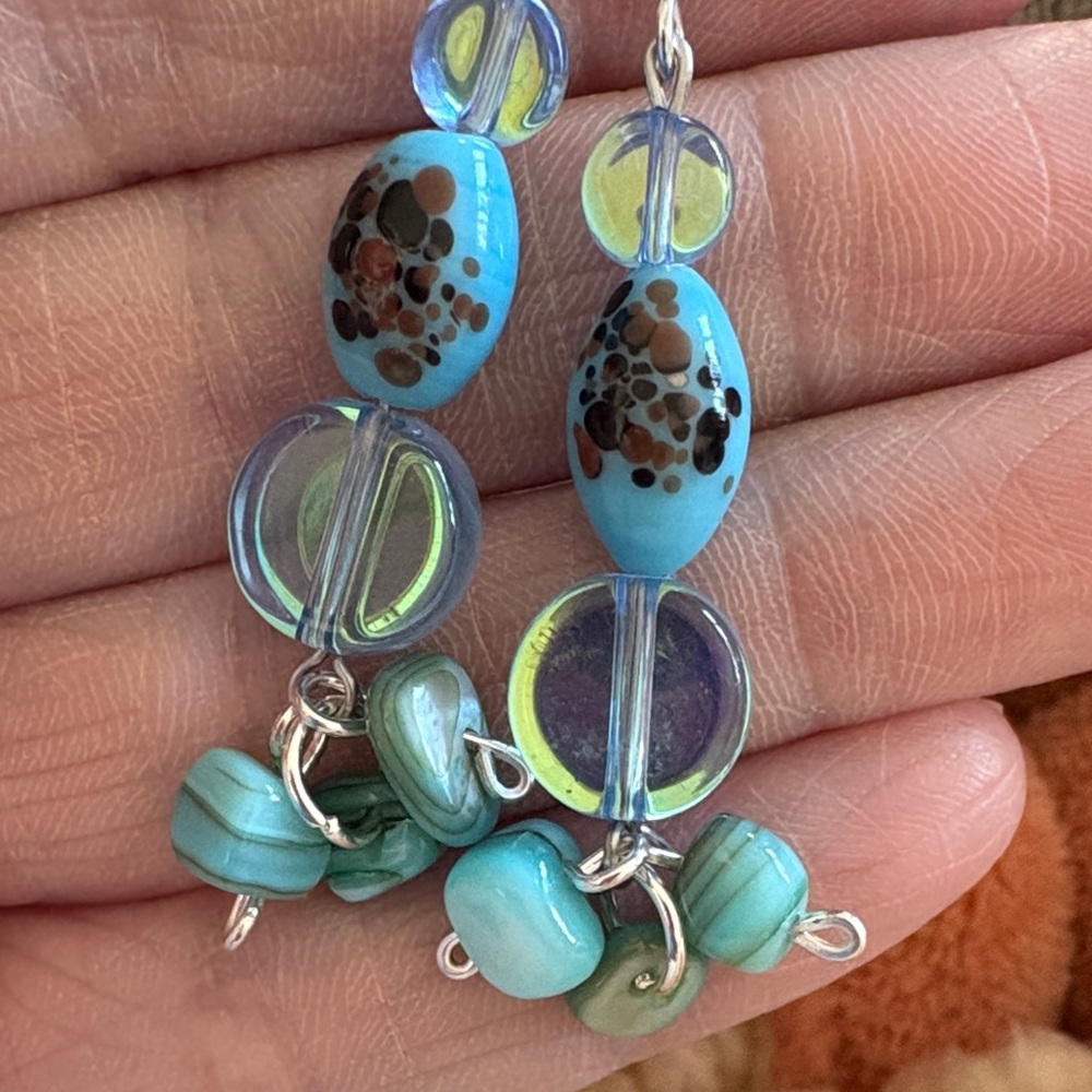 Hand Crafted Aqua and Silver Beaded Earrings - Picture 2 of 2